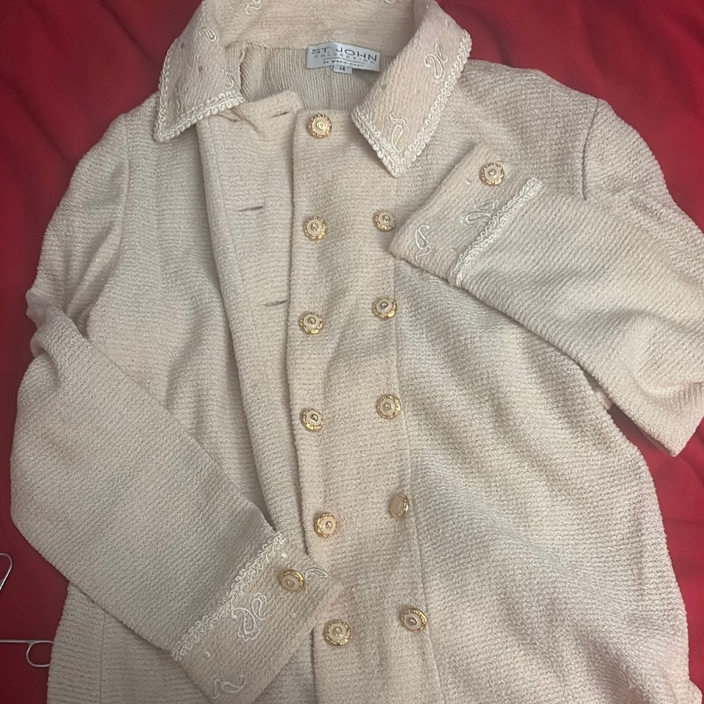 St. John Cream Knit Cardigan with Embroidered Details